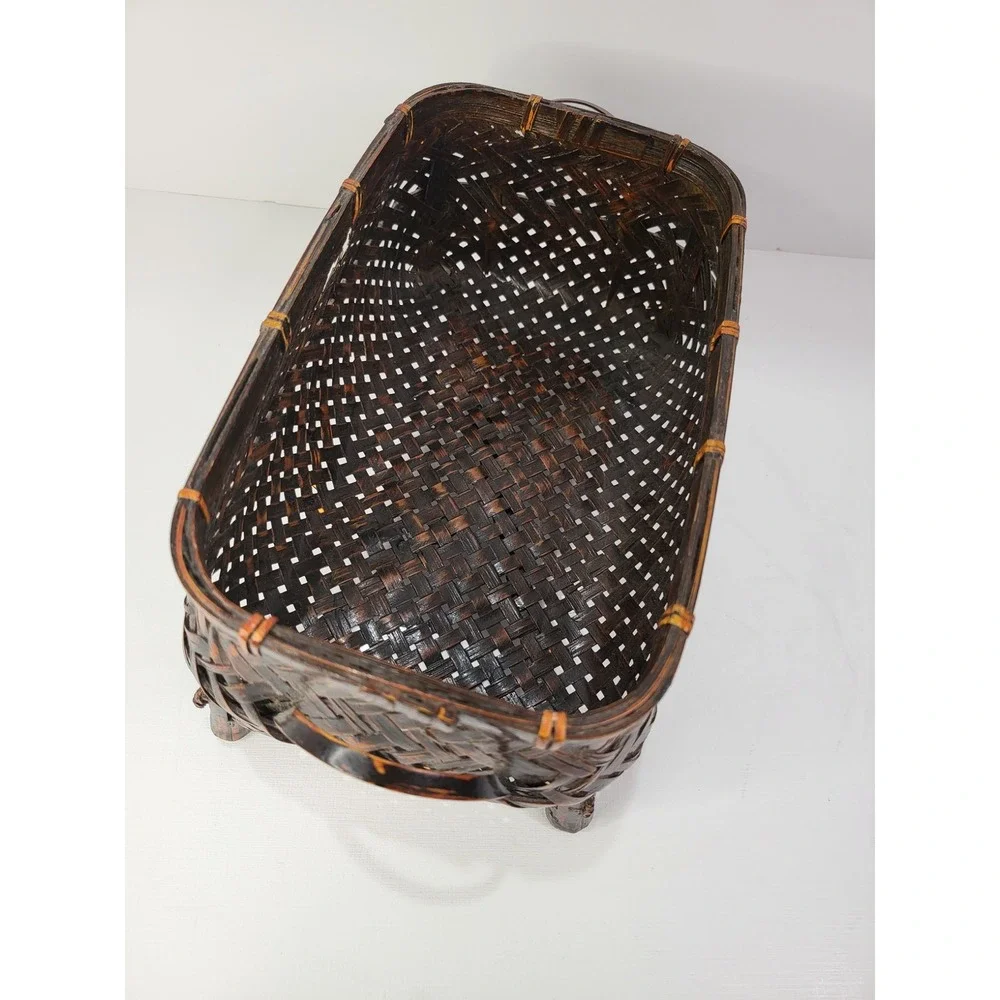 Vintage Woven Bamboo Footed Basket Dark Brown Rectangular Decorative Storage 9x5